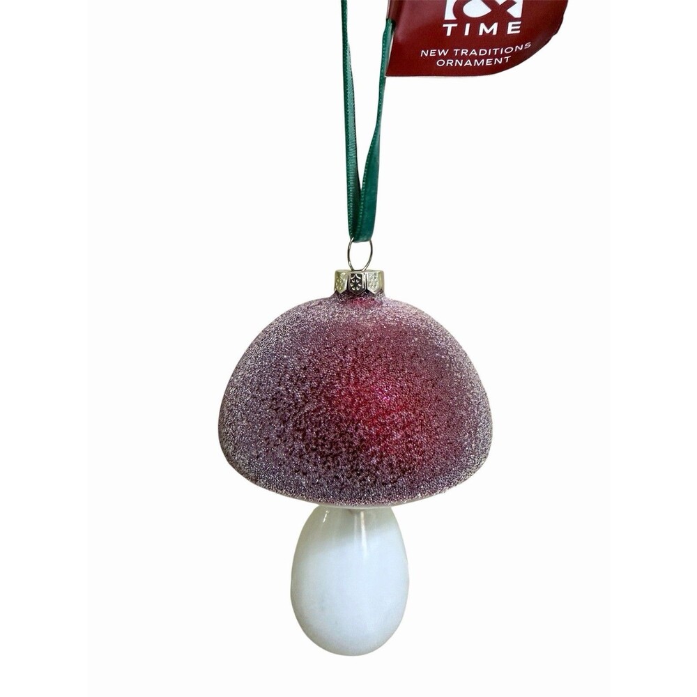 Place & Time Frosty Mushroom Glass Ornaments Christmas Decor Green Red 5” Pair - Picture 3 of 6